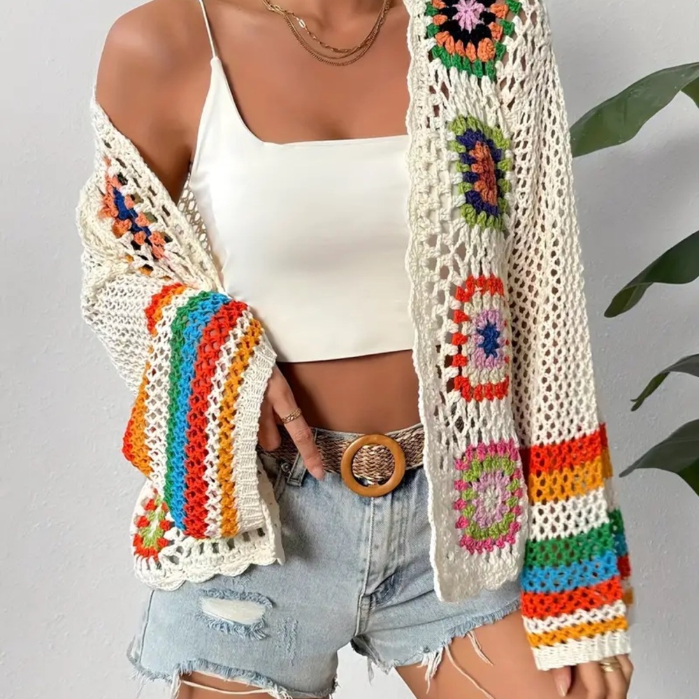 2. Crochet Open Front Cardigan, Long Sleeve Hollow Out Cardigan - Picture 3 of 6